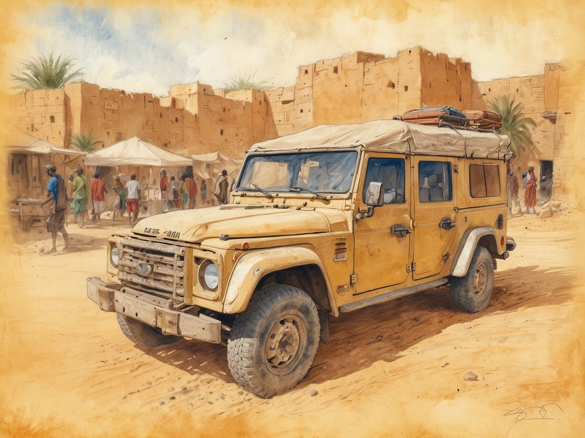 Ein gelber Geländewagen steht in der Wüste vor einer Gruppe von Menschen und traditionellen Zelten. Im Hintergrund sind die sandfarbenen Wände einer alten Stadt zu sehen. Die Szene vermittelt ein Gefühl von Abenteuer in einer warmen, sandigen Umgebung. Palmüberwachsene Flächen ergänzen die Wüstenlandschaft.