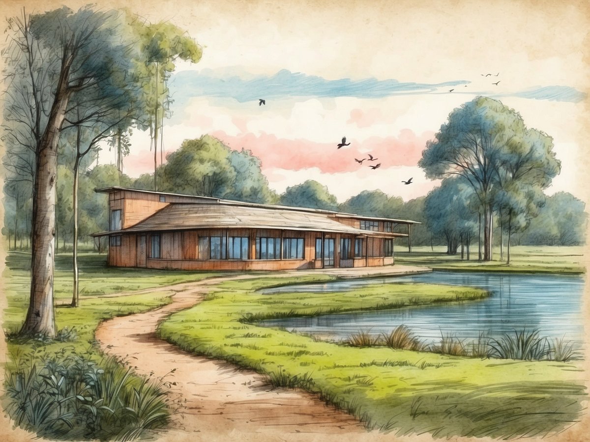 Eine moderne, stilvolle Gebäudeansicht im Weltvogelpark Walsrode ist zu sehen. Das Gebäude hat große Fenster und ist von einer grünen Landschaft mit Bäumen, einem kleinen See und einem Pfad umgeben. Vögel fliegen am Himmel, während die sanfte Farbgebung des Himmels und die natürliche Umgebung eine entspannte Atmosphäre schaffen.