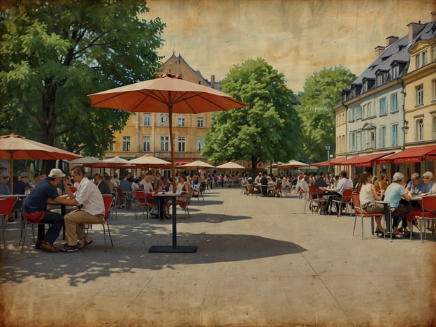 Auf dem Bild ist eine belebte Café- oder Restaurantterrasse zu sehen, wahrscheinlich in einer Stadt wie Weimar. Die Menschen sitzen an Tischen unter roten Sonnenschirmen und genießen die Zeit im Freien. Dies spiegelt die Freizeitkultur in Weimar wider, die bekannt für ihre gemütlichen Plätze und die gesellige Atmosphäre ist. Solche Sehenswürdigkeiten bieten oft einen Platz, um das kulturelle Leben der Stadt zu erleben und die szenische Umgebung zu genießen. Weimar ist auch für seine kulturelle Geschichte und Kunstszene bekannt, was solche Orte zu beliebten Treffpunkten macht.