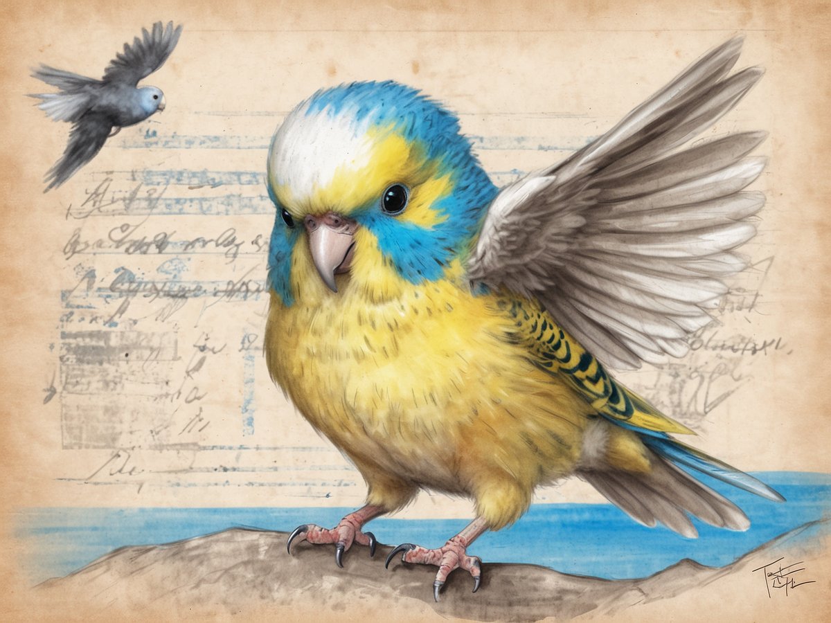 Ein bunter Wellensittich mit gelbem und blauem Gefieder sitzt auf einem Stein und breitet seinen linken Flügel aus. Im Hintergrund fliegt ein kleiner grauer Vogel, während eine schriftliche Notiz oder eine alte Papierstruktur teilweise sichtbar ist. Die Gesamtkomposition vermittelt einen besonderen Moment in der Natur und zeigt die Schönheit und Lebhaftigkeit der Vögel.