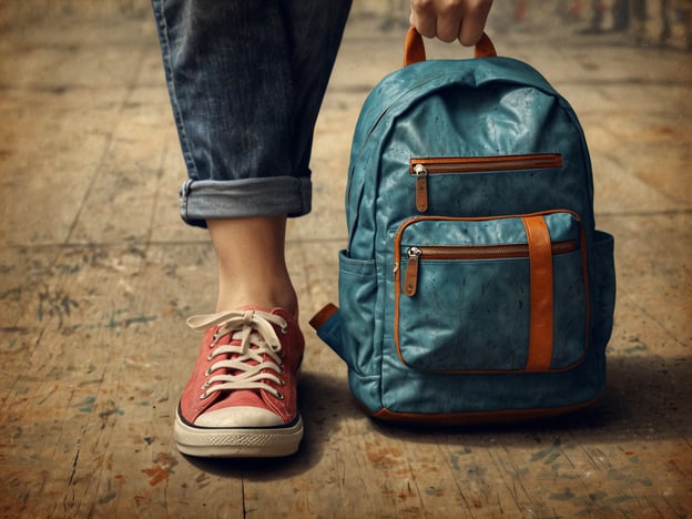 Auf dem Bild ist eine Person zu sehen, die einen blauen Rucksack in der Hand hält. Sie trägt eine lässige Outfit, bestehend aus einem T-Shirt und ausgebeulten Jeans, die an den Knöcheln umgeschlagen sind. Ihre Schuhe sind rot mit weißen Schnürsenkeln.

**Praktische Informationen und Tipps:**

1. **Rucksackwahl:** Achte darauf, dass der Rucksack gut gepolstert ist und genügend Platz für deine Dinge bietet, besonders wenn du ihn täglich nutzt.

2. **Kombination mit Outfit:** Ein Rucksack sollte sowohl funktional als auch modisch sein. Achte darauf, dass die Farben und der Stil gut zu deiner Kleidung passen.

3. **Pflege deiner Schuhe:** Halte deine Sneakers sauber und bringe sie regelmäßig in Form, um den besten Eindruck zu hinterlassen.

4. **Komfort:** Wenn du viel zu Fuß unterwegs bist, sind bequeme Schuhe und ein gut sitzender Rucksack wichtig, um Rückenschmerzen zu vermeiden.

5. **Stabilität:** Vor dem Kauf von Schuhen oder Rucksäcken teste immer, wie sie sich anfühlen und ob sie stabil genug sind für deinen Einsatzbereich. 

Diese Aspekte helfen dir, sowohl im Alltag als auch bei Aktivitäten gut ausgerüstet zu sein.