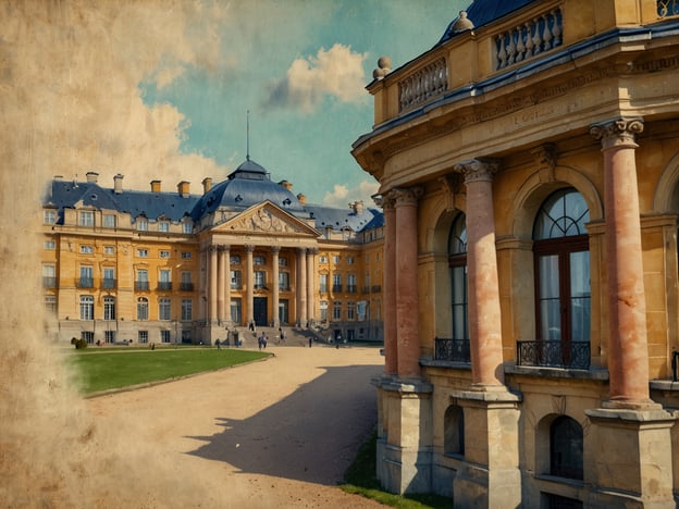 Auf dem Bild ist das beeindruckende Schloss Belvedere in Weimar zu sehen. Die Architektur zeichnet sich durch elegante Säulen und einen prächtigen Hauptbau mit einem markanten Dach aus. Im Vordergrund erkennt man einen charakteristischen Anbau mit Säulen, während im Hintergrund Menschen auf dem Weg zum Schloss sind. Die gepflegte Anlage und die weitläufige Rasenfläche tragen zur malerischen Erscheinung dieses historischen Ortes bei.