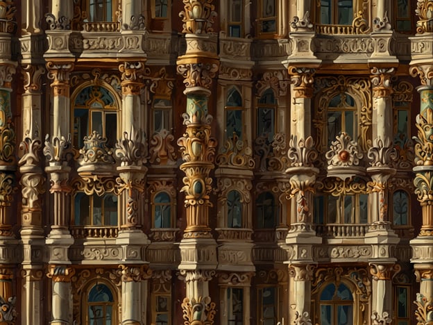 Auf dem Bild ist eine detailreiche Darstellung von Architektur zu sehen, die an die opulente Fassadengestaltung des Schlosses Belvedere erinnert. Charakteristisch sind die reich verzierten Säulen und Fenstereinfassungen, die prächtige ornamentale Elemente zeigen. Die kunstvollen Verzierungen und farbigen Akzente spiegeln den Barockstil wider, für den das Schloss bekannt ist. Diese kunstvollen Details und das elegante Design schaffen eine beeindruckende visuelle Wirkung, typisch für die Architektur und Kunst des Schlosses Belvedere in Wien.