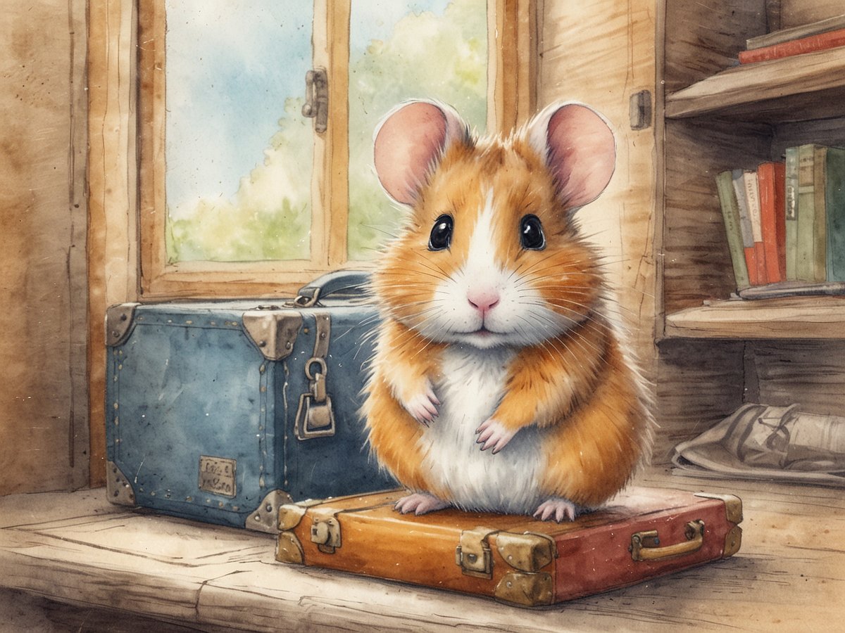 Ein niedlicher Hamster mit orange-braunem Fell steht auf einem kleinen roten Koffer. Neben ihm befindet sich ein blauer Koffer. Im Hintergrund ist ein Holzregal mit farbigen Büchern sichtbar und durch das Fenster scheinen Sonnenstrahlen, die auf die sanfte Landschaft draußen deuten. Die Szene vermittelt eine Atmosphäre von Abenteuer und Vorfreude auf eine Reise.