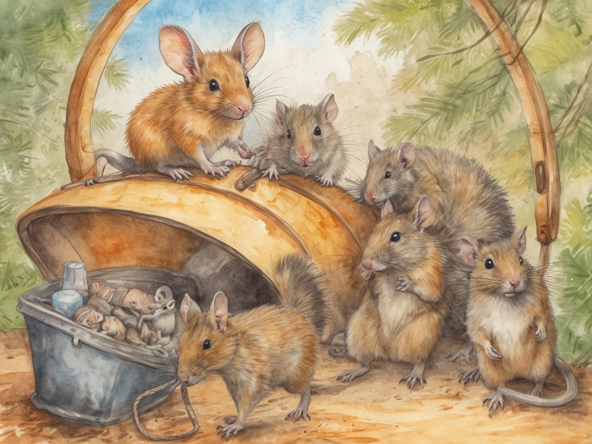 Eine Gruppe von Ratten sitzt auf einem alten, offenen Korb. Einige Ratten sind miteinander beschäftigt, während andere neugierig aus dem Korb schauen, der mit verschiedenen Gegenständen gefüllt ist. Die Umgebung ist natürlich, mit leicht verwischtem Hintergrund, der Bäume und einen blauen Himmel zeigt. Die Ratten haben unterschiedliche Fellfarben, darunter braun und grau, und ihre Details sind gut ausgearbeitet, was ihnen einen charmanten, lebendigen Ausdruck verleiht.