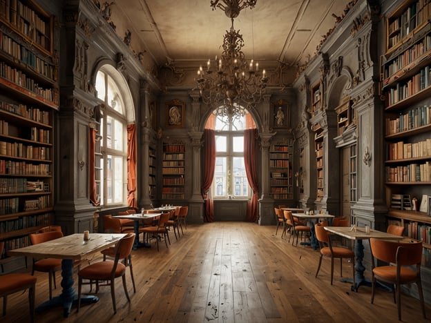 Auf dem Bild ist eine elegante Bibliothek zu sehen, die einen nostalgischen und kunstvollen Charakter hat. Die Architektur zeichnet sich durch hohe Decken, prunkvolle Fenster und geschmackvolle Verzierungen an den Wänden aus. 

Die Wände sind mit Bücherregalen gefüllt, die eine Vielzahl an Büchern beherbergen, während große Fenster viel Licht hereinlassen. Prächtige, rote Vorhänge verleihen dem Raum eine gemütliche Atmosphäre. 

Es gibt mehrere Tische und Stühle, die zum Verweilen einladen, was die Bibliothek zu einem attraktiven Ort zum Lesen und Entspannen macht. Ein großer Kronleuchter sorgt für eine stilvolle Beleuchtung. Zusammen schaffen diese Elemente eine beeindruckende und einladende Umgebung.