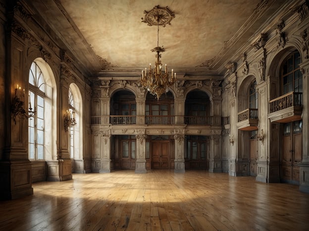 Auf dem Bild ist eine historische Innenarchitektur zu sehen, die an eine elegante Bibliothek erinnert. Die Wände sind mit kunstvollen Details verziert, und es gibt große Fenster, die viel Licht bringen. Die Helden des Raumes sind die prächtigen Kronleuchter und die reich verzierten balustradenartigen Elemente. Der Fußboden besteht aus schlichten Holzdielen, die dem Raum eine warme Atmosphäre verleihen. Insgesamt strahlt der Raum eine Atmosphäre von Klassik und Raffinesse aus, typisch für alte Bibliotheken oder Salons.