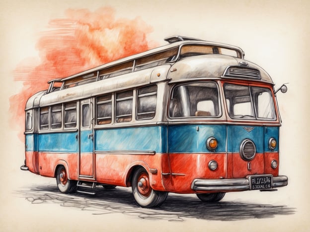 Auf dem Bild ist ein Oldtimer-Bus zu sehen, der in kräftigen Farben wie Blau und Rot lackiert ist. Wenn wir uns die Geschichte von Gulliver