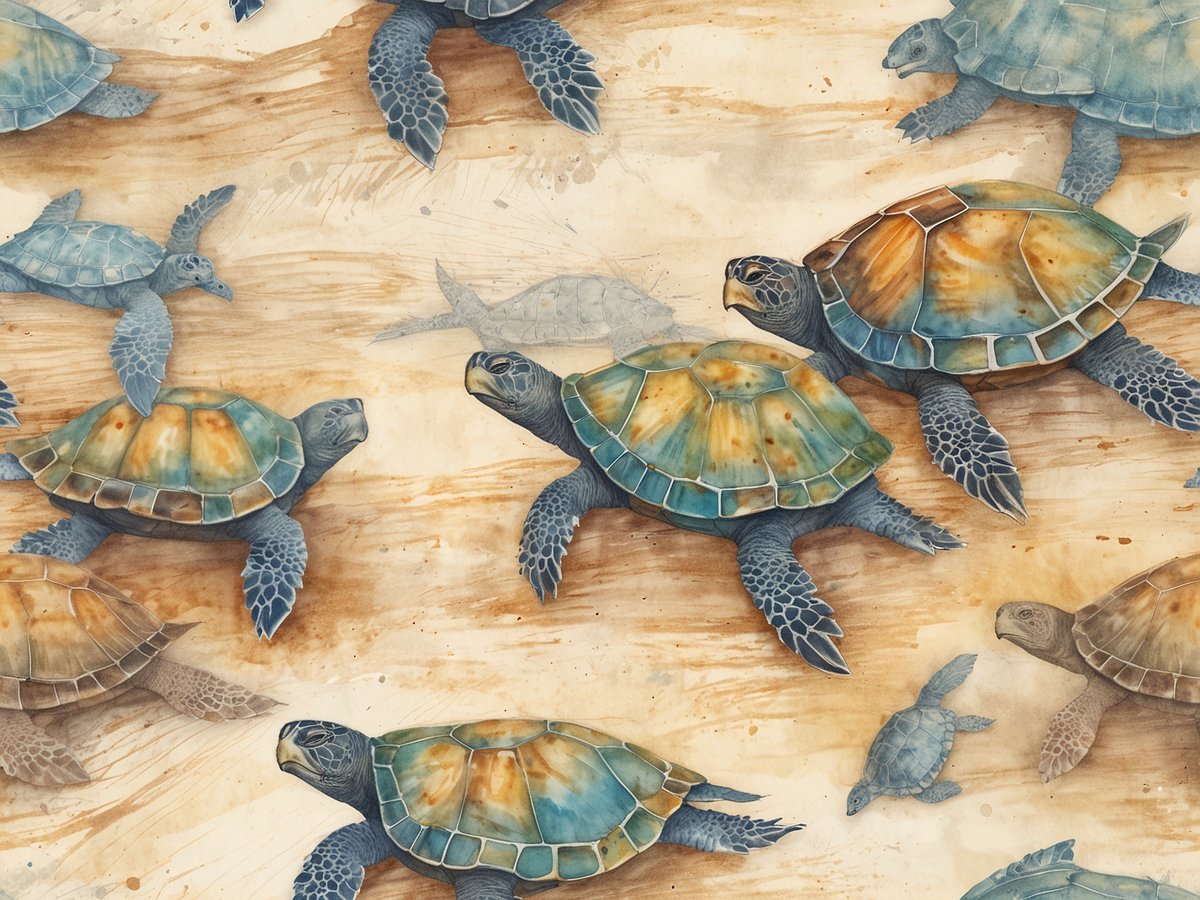 Eine Gruppe von Schildkröten schwimmt über einen sandigen Untergrund, wo ihre verschiedenen Schalenfarbgebungen in Grüntönen und Braunnuancen zur Geltung kommen. Die Schildkröten sind in unterschiedlichen Größen angeordnet, von großen, älteren Exemplaren bis zu kleinen, jüngeren Tieren. Der Hintergrund zeigt eine sanfte, hellbraune Farbgebung, die die natürliche Umgebung widerspiegelt. Die ruhige Anordnung der Schildkröten vermittelt ein Gefühl von Frieden und langsamen, aber spannenden Wegen, die sie erkunden.