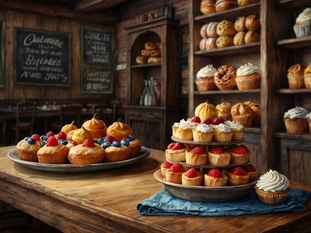 Auf dem Bild sind verschiedene süße Backwaren zu sehen, die typisch für Cafés und Bäckereien sind. Es gibt eine Auswahl an Muffins und kleinen Törtchen, die mit verschiedenen Früchten wie Himbeeren und Blaubeeren dekoriert sind. Die Leckereien sind auf zwei Tellern angerichtet, wobei die obere Etage eine besondere Pâtisserie mit Sahne und Fruchtgarnitur präsentiert. Im Hintergrund sind Regale mit weiteren Gebäcksorten zu erkennen, die eine einladende Atmosphäre schaffen und Lust auf süße Versuchungen machen.