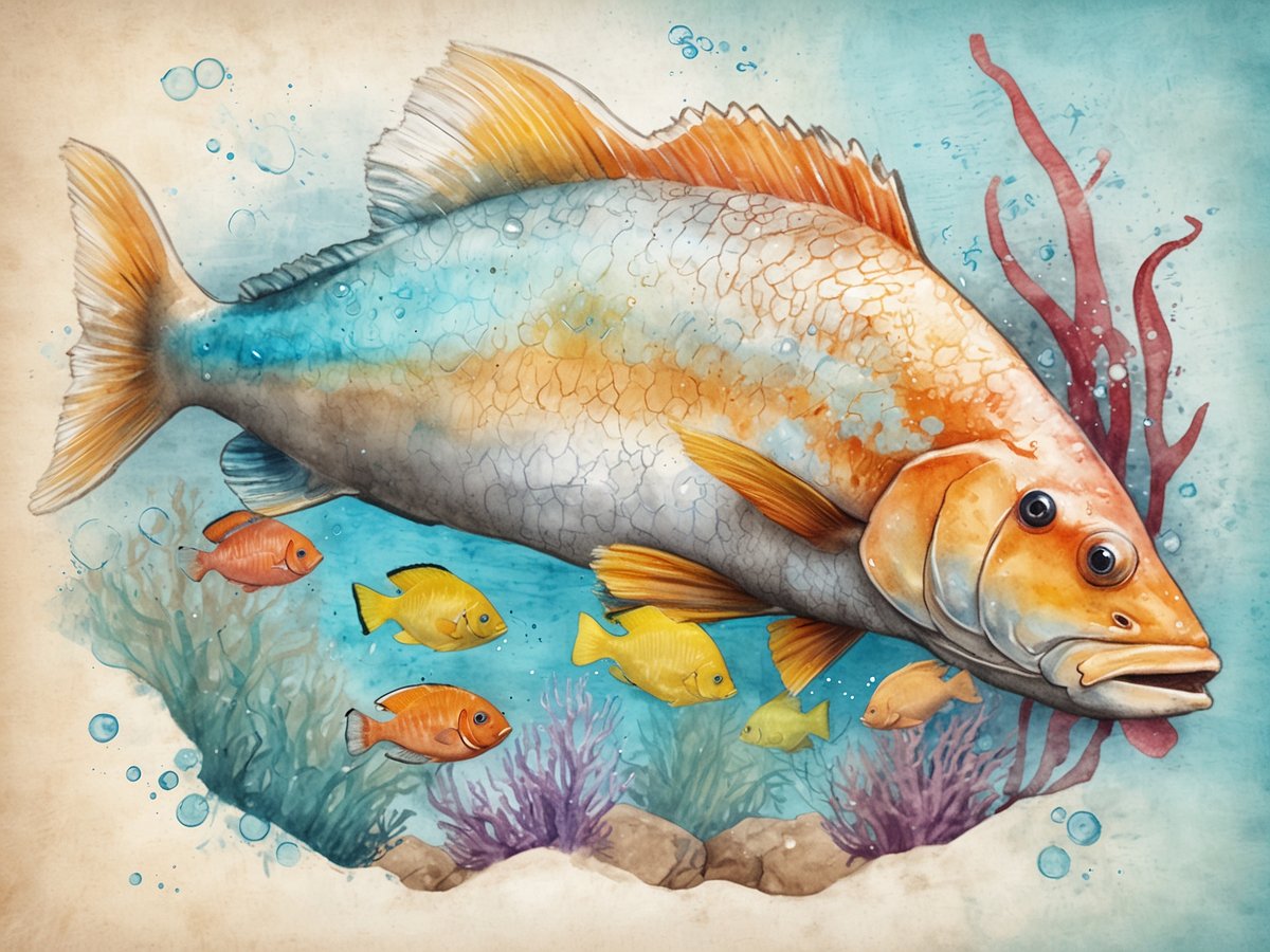 Ein großer, farbenfroher Fisch schwimmt im klaren Wasser, umgeben von mehreren kleineren, leuchtend gelben und orangen Fischen. Im Hintergrund sind Pflanzen und Korallen zu sehen, die die Unterwasserwelt lebendig machen. Blasen steigen aus dem Wasser auf und verleihen der Szene eine dynamische Atmosphäre. Der große Fisch zeigt glänzende Schuppen und eine beeindruckende Schwanzflosse.