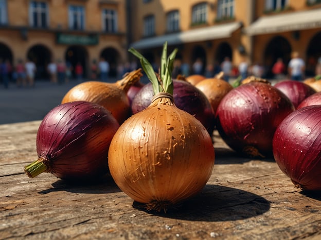 Auf dem Bild sind frische Zwiebeln in verschiedenen Farben zu sehen, die auf einem Holztisch liegen. Diese Kulinarische Präsentation könnte gut zu einem Markt oder Festival für den Gaumen passen, wo frische Produkte und regionale Spezialitäten im Mittelpunkt stehen. Solche Veranstaltungen fördern den Genuss und den Austausch über regionale Zutaten und deren Verwendung in der Küche. Festivals für den Gaumen bieten oft die Möglichkeit, lokale Delikatessen zu entdecken und sich von der Vielfalt der kulinarischen Kultur inspirieren zu lassen.