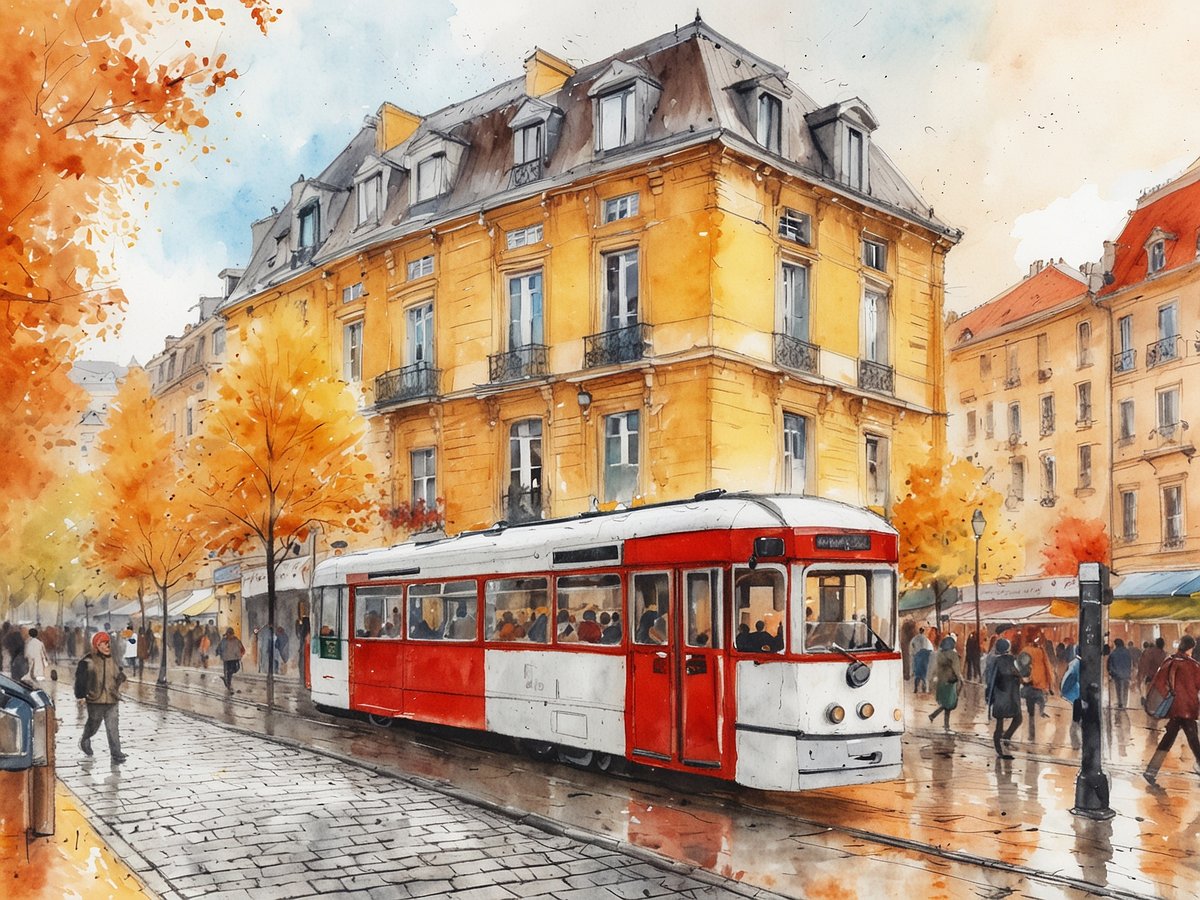 Eine belebte Straße in einer Stadt während des Herbstes, gesäumt von bunten, orangefarbenen Bäumen, die ihre Blätter verloren haben. In der Mitte der Szene steht eine rote Straßenbahn, die an einem Haltestellenschild hält. Die Gebäude im Hintergrund sind im klassischen europäischen Stil mit gelben Fassaden und französischen Fenstern. Passanten schlendern über den gepflasterten Gehweg, während der Regen auf die Straße fällt und die Stadt in eine ruhige, stimmungsvolle Atmosphäre taucht.