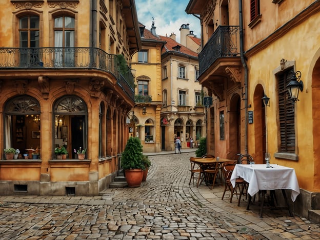 Auf dem Bild ist eine malerische Straßenszene zu sehen, die an einen Spaziergang durch Weimars Altstadt erinnert. Die engen, gepflasterten Gassen sind von charmanten, historisch anmutenden Gebäuden gesäumt. Die Fassaden sind in warmen Gelbtönen gehalten, und einige Restaurants haben Tische im Freien, die zum Verweilen einladen. Kleine Pflanzen in Töpfen und eine einladende Atmosphäre verleihen der Szene einen gemütlichen Charakter, perfekt für einen entspannten Stadtbummel.