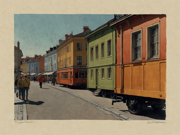 Auf dem Bild ist eine lebhafte Straßenszene zu sehen, die von farbenfrohen Gebäuden und einer Straßenbahn geprägt ist. Diese Darstellung könnte einen historischen Kontext zur Kultur und zum Stadtleben in Weimar bieten. 

Das Kunstfest Weimar hat seine Wurzeln in der literarischen und künstlerischen Blütezeit der Stadt, die besonders im 18. und 19. Jahrhundert florierte, als bedeutende Persönlichkeiten wie Goethe und Schiller dort wirkten. Es wird oft als Plattform für zeitgenössische Kunst, Musik und Theater genutzt, und spiegelt die reiche kulturelle Geschichte der Stadt wider.

Die Atmosphäre des Bildes, kombiniert mit der lebhaften Fußgängerstraße und den bunten Häusern, könnte die Offenheit und Kreativität symbolisieren, die das Kunstfest fördert. Weimar als Kulturstadt steht für ein Zusammenkommen von Tradition und moderne Kunst, was ebenfalls in der Präsentation einer solchen Szene zum Ausdruck kommt.