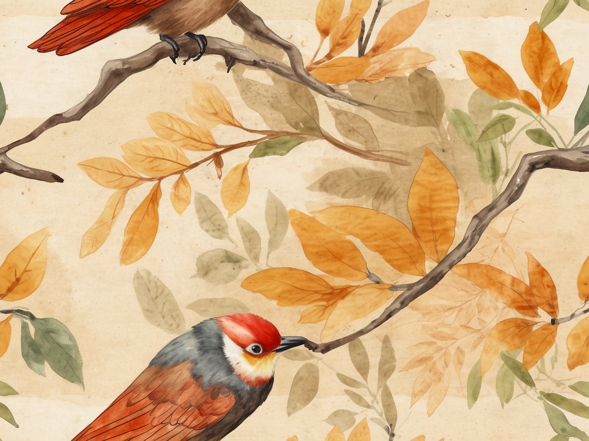 Zwei Vögel sitzen auf einem Ast, umgeben von herbstlichen Blättern in warmen Gelb- und Orangetönen. Der Hintergrund zeigt eine sanfte Textur, die die natürliche Atmosphäre des Herbstes unterstreicht. Diese idyllische Szene spiegelt die Schönheit der Natur im Herbst wider und erinnert an beliebte Reiseziele wie die bunten Wälder Neuenglands, die charmanten Straßen von Kyoto, die Weinregionen in Frankreich, die faszinierenden Nationalparks in den USA, die historischen Städte in Deutschland, die Küste von Italien, die Natur in Kanada, die abgelegenen Inseln in Griechenland, die ländliche Schönheit Irlands und die kulturellen Höhepunkte in Spanien.