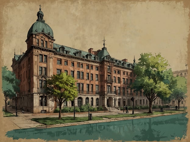 Auf dem Bild ist ein historisches Gebäude zu sehen, das typischerweise aus Ziegeln erbaut ist und eine markante Dachstruktur hat. Es handelt sich wahrscheinlich um ein ehemalige Hotel oder eine öffentliche Institution, da die Architektur auf eine gewisse Prunkhaftigkeit hinweist. Die Umgebung ist grün mit Bäumen und einem Kanal oder einer Wasserfläche, die sich vor dem Gebäude erstreckt. 

Solche Gebäude findet man oft in städtischen Lagen, wie in historischen Stadtzentren oder an schönen Uferpromenaden. Es könnte sich also um einen Veranstaltungsort handeln, der für gesellschaftliche Anlässe genutzt wird, wie zum Beispiel eine Galerie oder ein Forum für kulturelle Events.