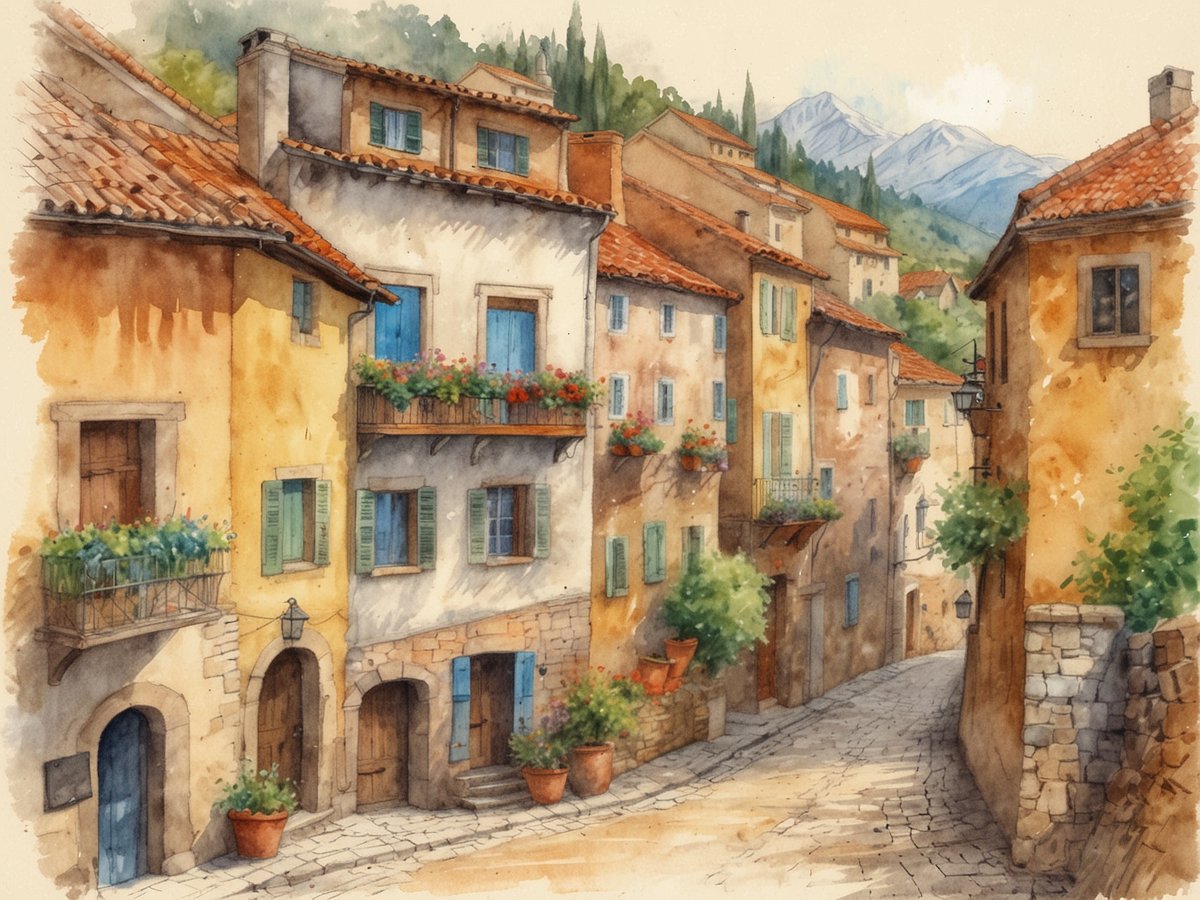 Eine malerische Gasse in einem kleinen mediterranen Dorf, umgeben von farbenfrohen Häusern mit blühenden Balkonen. Die Gasse ist gepflastert und sanft geschwungen, mit traditioneller Architektur und warmen Farbtönen. Im Hintergrund sind sanfte Hügel und schneebedeckte Berge zu sehen, die eine romantische Atmosphäre schaffen. Diese Idylle eignet sich ideal für einen entspannten Herbsturlaub, um die herbstliche Natur und die charmante Architektur zu genießen.