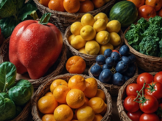 Auf dem Bild sind verschiedene frische Produkte aus der Region zu sehen. Es gibt viele Obst- und Gemüsesorten, darunter:

- Rote Paprika
- Zitronen
- Orangen
- Klementinen
- Blaubeeren
- Trauben
- Tomaten
- Brokkoli
- Grünes Blattgemüse

Die Produkte sind in kleinen, geflochtenen Körben arrangiert, was einen ansprechenden, bunten Eindruck vermittelt.