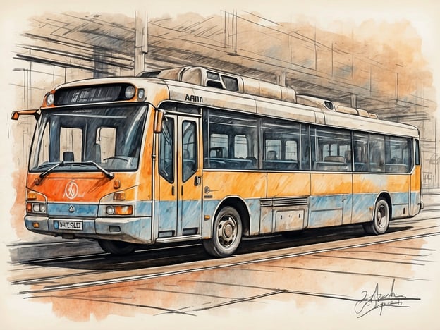 Auf dem Bild ist ein Bus zu sehen, der in einem skizzierten und aquarellartigen Stil dargestellt ist. Der Bus hat eine orange-blaue Farbgebung und steht in einer wahrscheinlich urbanen Umgebung, möglicherweise in einer Haltestelle oder einer Werkstatt. Die Details sind stilisiert und geben dem Bild einen künstlerischen Charakter.