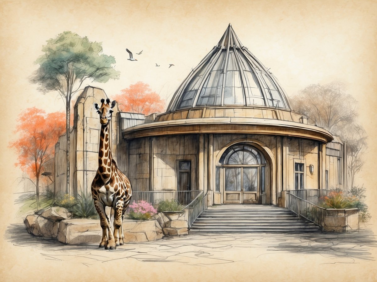 Eine Giraffe steht vor einem Gebäude mit einem gläsernen, spitzen Dach, umgeben von Bäumen mit buntem Laub und Gartenpflanzen. Der Hintergrund zeigt eine malerische Szenerie, die an den Tierpark und das Fossilium Bochum erinnert.