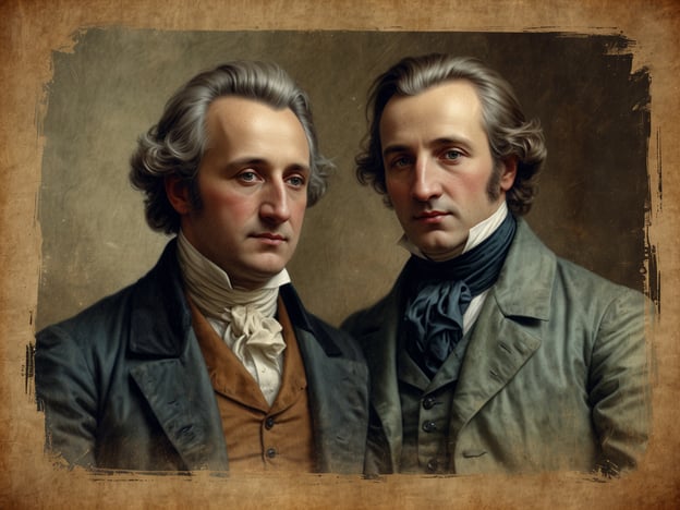 Auf dem Bild sind zwei Männer abgebildet, die an die berühmten Dichter Johann Wolfgang von Goethe und Friedrich Schiller erinnern. Beide Figuren strahlen geistige Tiefe und Kreativität aus, was an den Porträts dieser Größen der deutschen Literatur liegt. Ihre klassischen Kleidung und die ernsthaften Gesichter suggerieren eine Verbindung zur Weimarer Klassik, einem Höhepunkt deutscher Kultur. Goethe und Schiller waren Wegbereiter für die Literatur und Philosophie ihrer Zeit, und ihre Werke reflektieren das Streben nach Schönheit und Wahrheit. In ihren Schriften finden sich Themen wie die Freiheit des Individuums und die Harmonie zwischen Mensch und Natur, die bis heute inspirierend wirken.