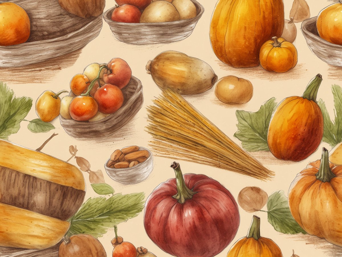 Das Bild zeigt eine malerische Anordnung verschiedener herbstlicher Lebensmittel. Zu sehen sind unterschiedliche Kürbisse in verschiedenen Größen und Farben, darunter orange und rot. Außerdem sind kleine Tomaten und Äpfel in Körben platziert. Zusätzlich liegen frische Teigwaren und Nüsse in einer kleinen Schüssel auf dem Bild. Grüne Blätter und kleine essbare Früchte ergänzen die herbstliche Ernte-Szene und vermitteln ein Gefühl von kulinarischen Genüssen im Herbst.