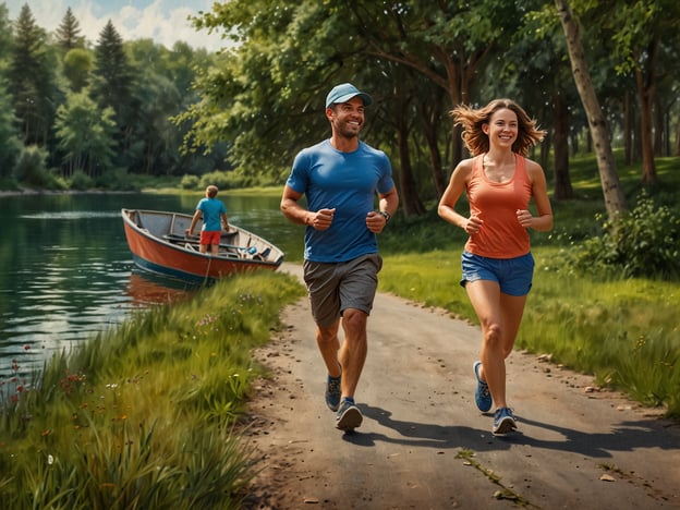 Auf dem Bild sind Aktivitäten in der Natur zu sehen. Ein Paar joggt fröhlich entlang eines malerischen Weges, der am Ufer eines Sees verläuft. In der Hintergrund sieht man einen Jungen, der in einem Boot sitzt, was auf eine Möglichkeit zum Bootfahren hinweist. Diese Umgebung bietet zahlreiche Erholungsmöglichkeiten, wie Laufen, Bootfahren und einfach die schöne Natur genießen. Ideal für aktive Freizeitgestaltung und entspannende Stunden im Freien!