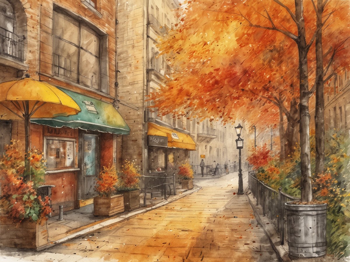Eine malerische Straße in einer urbanen Umgebung, geschmückt mit leuchtend orangefarbenen Herbstblättern. Auf der linken Seite befinden sich ein kleines Café mit einem gelben Sonnenschirm und ein weiteres Geschäft mit einem orangen Fenster. Blumenbeete mit bunten Pflanzen umrahmen die Straße, die sanft in die Ferne führt. Einige Spaziergänger sind im Hintergrund zu sehen, während Laternen und eine ruhige Atmosphäre das herbstliche Ambiente unterstreichen. Die warmen Farbtöne und die gemütliche Szenerie laden zu einem kulturellen Spaziergang ein.