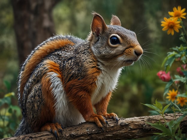 Auf dem Bild ist ein Eichhörnchen zu sehen, das auf einem Ast sitzt. Es hat ein auffälliges Fell mit orangefarbenen und grauen Tönen. Um das Eichhörnchen herum sind verschiedene Pflanzen und Blumen zu erkennen, die zur Flora eines Parks gehören. Die bunten Blumen tragen zur lebhaften Atmosphäre des Parks bei und bieten einen schönen Kontrast zu dem Tier.