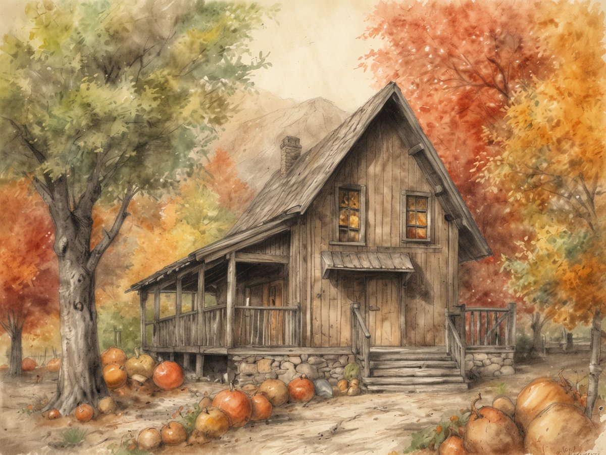 Ein malerisches Holzhaus steht im Mittelpunkt der Szene, umgeben von bunten Herbstbäumen in lebhaften Rot- und Gelbtönen. Vor dem Haus liegt ein Weg, der von großen, orangefarbenen Kürbissen gesäumt ist. Einige Fenster des Hauses strahlen ein warmes Licht aus, was eine einladende Atmosphäre schafft. Die gesamte Landschaft vermittelt eine romantische und gemütliche Stimmung, ideal für einen Herbsturlaub für Paare.