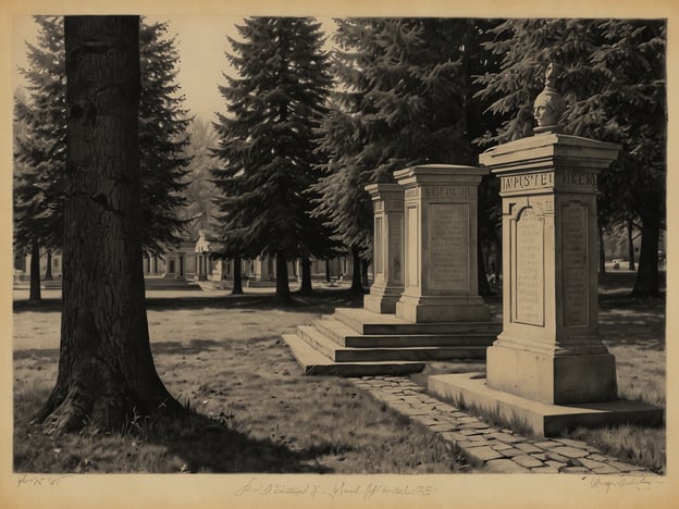 Auf dem Bild ist eine ruhige Landschaft mit Grabstätten zu sehen, vermutlich auf dem historischen Friedhof in Weimar. Dort sind mehrere bekannte Persönlichkeiten beigesetzt, unter anderem Johann Wolfgang von Goethe und Friedrich Schiller. Die Grabmale sind kunstvoll gestaltet und umgeben von hohen Bäumen, was eine friedliche und ehrwürdige Atmosphäre schafft. Der Friedhof hat eine bedeutende kulturelle und literarische Geschichte, da viele berühmte Dichter und Denker dort ihre letzte Ruhe gefunden haben.