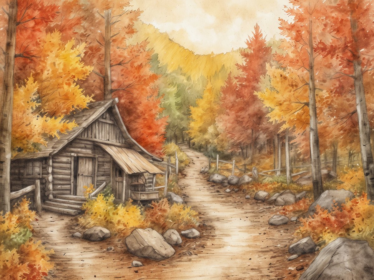 Eine idyllische Holzskonstruktion steht am Rand eines Pfades, umgeben von leuchtend buntem Herbstlaub in warmen Tönen wie Orange, Rot und Gelb. Der Weg neben der Hütte ist von großen Steinen gesäumt und führt durch einen malerischen Wald, in dem die Bäume in verschiedenen Herbstfarben erstrahlen. Die Sonne scheint sanft durch die Blätter und taucht die Szene in ein warmes Licht, was eine einladende und friedliche Atmosphäre schafft, perfekt für einen Abenteuerurlaub im Herbst.