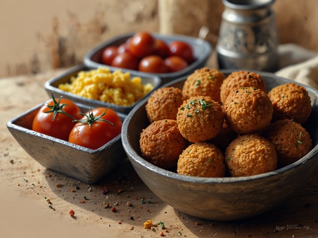 Auf dem Bild sind köstliche kulinarische Highlights zu sehen. Im Vordergrund befinden sich goldbraune, knusprige Bällchen, die vermutlich frittiert sind und eine appetitliche Struktur haben. Diese könnten auf eine leckere Art von Falafel oder ähnlich zubereiteten Snacks hinweisen. 

In den hinteren Schalen gibt es frische, rote Kirschtomaten, die für eine saftige und süße Komponente sorgen. Daneben findet sich eine gelbe, möglicherweise gewürzte Reis- oder Couscous-Zubereitung, die als Beilage dient. Diese Zusammenstellung bietet eine bunte und ansprechende Mischung aus verschiedenen Geschmäckern und Texturen, ideal für eine gesunde und schmackhafte Mahlzeit.