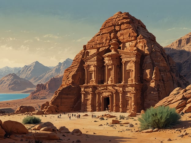 Die Wunder Jordaniens sind beeindruckende Zeugnisse der Geschichte und Kultur, die in einer atemberaubenden Landschaft eingebettet sind. Auf dem Bild ist ein eindrucksvolles Gebäude zu sehen, das die majestätische Fassade von Petra darstellt, einer der bekanntesten archäologischen Stätten der Welt. Umgeben von beeindruckenden Bergen und Wüstenlandschaften strahlt dieses antike Bauwerk eine außergewöhnliche Schönheit und historische Bedeutung aus. Die Darstellung zeigt zahlreiche Besucher, die die Pracht dieser UNESCO-Weltkulturerbestätte bewundern.