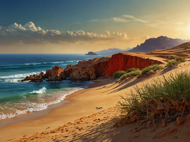 Auf dem Bild ist eine malerische Küstenlandschaft zu sehen, in der sich das Rote Meer an einen sandigen Strand schmiegt. Die Wellen schlagen sanft gegen die Felsen, während die Sonne über den Horizont scheint und die Dünen der Wüste im Hintergrund erleuchtet. Diese Szenerie symbolisiert die Freiheit der Wüste, mit weiten Sandflächen und sanften Hügeln, die eine beeindruckende Verbindung zwischen Meer und Land schaffen.