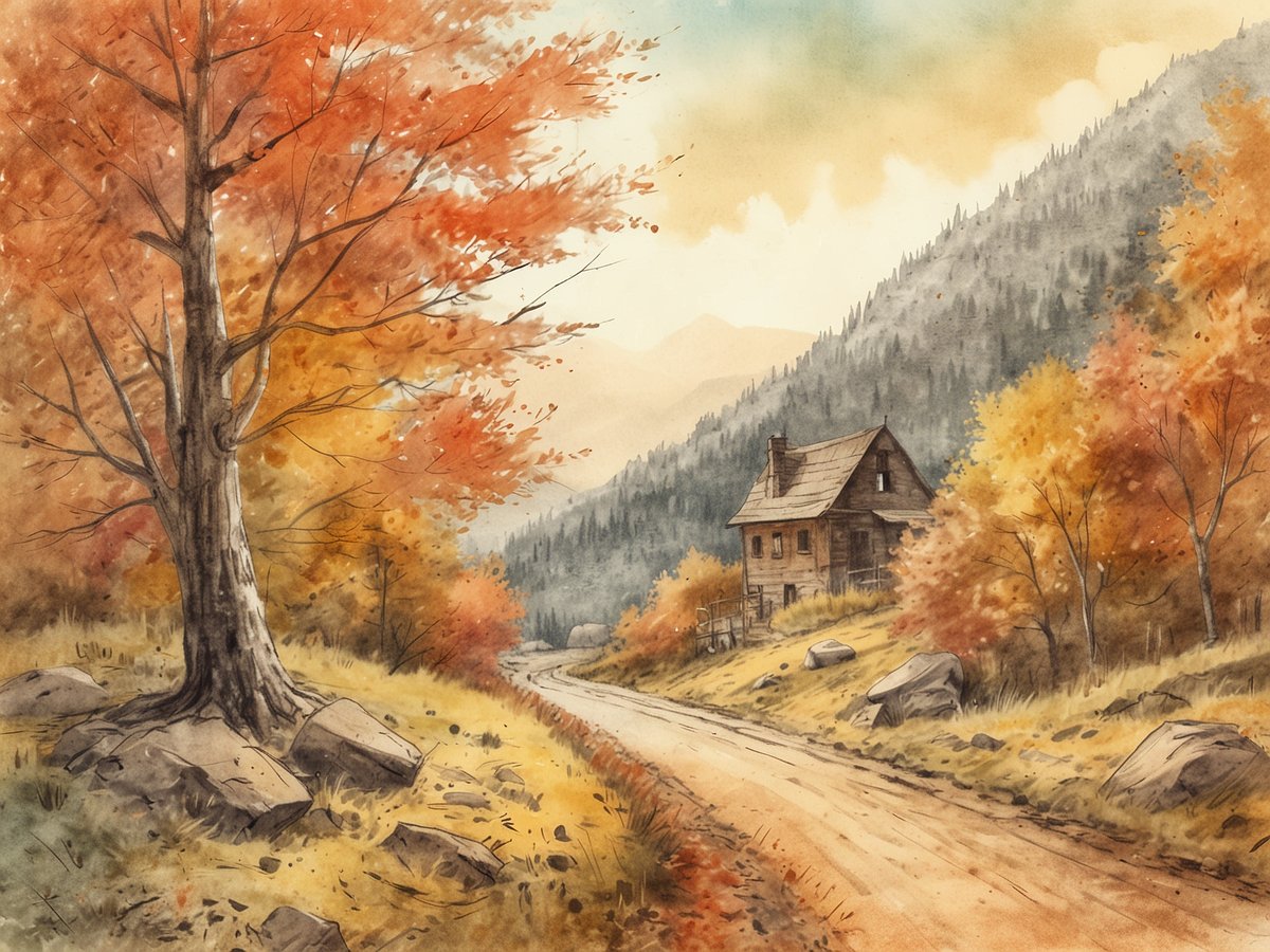 Eine malerische Herbstlandschaft zeigt einen gepflasterten Weg, der sanft durch eine farbenfrohe Kulisse aus roten, orangefarbenen und goldenen Blättern führt. Am rechten Rand steht ein rustikales Holzhaus, umgeben von bunten Bäumen, die die herbstliche Atmosphäre verstärken. Sanfte Hügel und Berge bilden den Hintergrund und sind in sanften, verwischten Farben dargestellt, während einige große Steine am Wegesrand die Szenerie ergänzen. Der Himmel hat eine weiche, angenehme Farbgebung und vermittelt eine friedliche Stimmung.