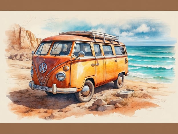 Auf dem Bild ist ein orangefarbener Volkswagen Bulli (VW Bus) zu sehen, der an einem Strand steht, umgeben von Felsen und dem Meer im Hintergrund. Der Bus vermittelt ein Gefühl von Freiheit und Abenteuer, typisch für Roadtrips und Camping-Ausflüge.

### Tipps und Empfehlungen für einen Besuch:

1. **Ideal für Roadtrips**: Plane einen Roadtrip entlang der Küste, um die malerische Landschaft zu genießen. Halte an verschiedenen Stränden, um die Aussicht zu bewundern und Fotos zu machen.

2. **Campen**: Wenn du die Freiheit eines Bullis genießen möchtest, überlege, ob du campen gehen kannst. Viele Strände bieten Campingplätze mit Zugang zu Wasser und Einrichtungen.

3. **Essen und Trinken**: Packe Snacks und Getränke ein, um ein Picknick am Strand zu genießen. Frisch zubereitete Sandwiches und Früchte sind ideal.

4. **Aktivitäten**: Nutze die Gelegenheit für Aktivitäten wie Schwimmen, Surfen oder einfaches Entspannen am Strand. Vergiss nicht, eine Strandliege und Sonnenschutzmittel mitzunehmen!

5. **Naturerlebnis**: Erkunde die Umgebung, gehe auf kleine Wanderungen und entdecke die lokale Flora und Fauna.

6. **Fotos machen**: Mache viele Fotos vom Bulli vor der malerischen Kulisse, um Erinnerungen festzuhalten.

7. **Nachhaltigkeit**: