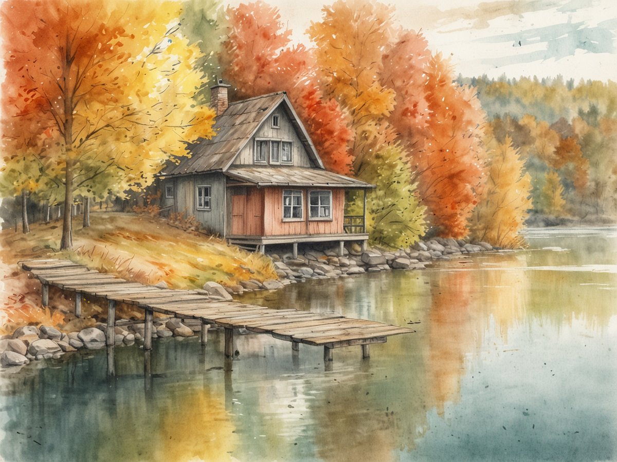 Ein malerisches Holzhaus steht am Ufer eines ruhigen Sees, umgeben von leuchtend bunten Herbstbäumen in Gelb, Orange und Rot. Eine Holzbrücke führt vom Ufer zum Wasser und spiegelt das herbstliche Farbenspiel wider. Die ruhige Wasseroberfläche reflektiert die herbstliche Landschaft und schafft eine idyllische Atmosphäre, ideal für entspannende Herbstferien am See.