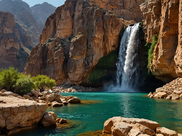 Auf dem Bild ist ein malerischer Wasserfall zu sehen, der in ein klares, türkisfarbenes Gewässer stürzt, umgeben von beeindruckenden Felsen und üppigem Grün. Solche Naturparadiese sind im Nahen Osten zu finden, beispielsweise in der Wadi Shab in Oman, wo dramatische Schluchten und Wasserfälle atemberaubende Landschaften bieten. Ein weiteres Beispiel ist das al-Ain Oasis in den Vereinigten Arabischen Emiraten, das für seine fruchtbaren Gärten und Wasserquellen bekannt ist. Diese Orte sind ideal, um die Schönheit der Natur im heißen Klima der Region zu erleben.