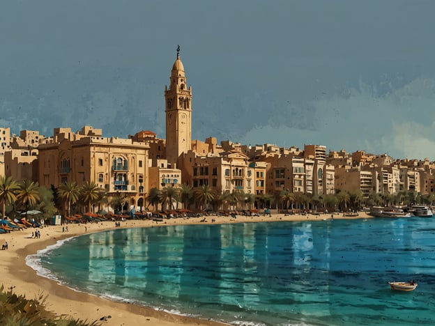 Auf dem Bild ist eine Küstenlandschaft zu sehen, die die beeindruckende Architektur Beiruts zeigt. Die Stadt strahlt eine Mischung aus historischem Charme und modernem Leben aus. Die Palmen am Strand und das klare, blaue Wasser bieten einen Kontrast zur städtischen Kulisse im Hintergrund. Beirut, eine Stadt voller Kontraste, vereint hier die Schönheit der Natur mit der Vielfalt ihrer Architektur und Kultur.