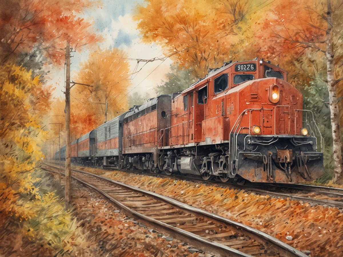 Ein roter Zug fährt auf einer malerischen Strecke durch eine herbstliche Landschaft. Die Bäume sind in warmen Farbtönen von Orange, Rot und Gelb gefärbt und verleihen der Szene eine gemütliche Atmosphäre. Der Zug besteht aus einer Lokomotive und mehreren Wagen, die an eine ländliche Umgebung angepasst sind. Die Gleise sind von buntem Laub gesäumt, und das Licht des Tages lässt die Farben lebendig wirken. Dies vermittelt ein Gefühl von nachhaltigem Reisen und der Schönheit einer Städtereise im Herbst.