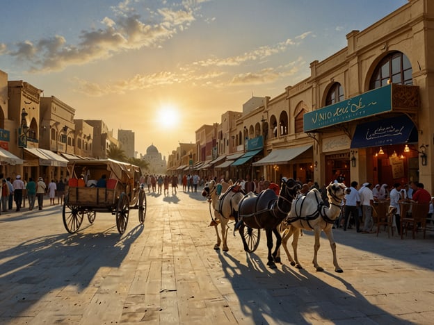 Auf dem Bild sind eine belebte Straße und ein malerischer Markt in einer Stadt zu sehen, wahrscheinlich im arabischen Raum. Die Architektur hat einen traditionellen Stil, typisch für viele Städte in der Region. 

Es gibt eine Pferdekutsche, die durch die Straße fährt, sowie mehrere Menschen, die die Umgebung genießen. Die Aktivitäten auf dem Markt könnten das Einkaufen lokaler Produkte, das Probieren von Speisen oder das Entdecken von Souvenirs umfassen. 

Im Hintergrund sieht man eine beeindruckende Moschee mit einer Kuppel, die wahrscheinlich ein bekanntes Wahrzeichen der Stadt ist. Der Sonnenuntergang schafft eine wunderschöne Atmosphäre, die zum Flanieren und Erkunden einlädt.