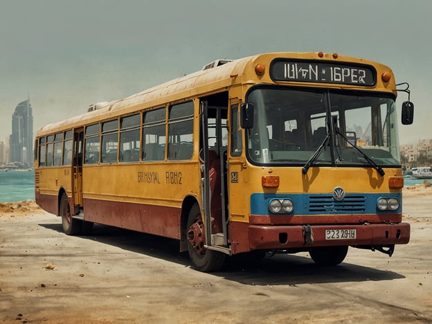 Auf dem Bild ist ein gelber und roter Bus zu sehen, der wahrscheinlich für den öffentlichen Transport eingesetzt wurde. Der Bus steht an einem Ort, der an eine Küstenlinie erinnert, während moderne Gebäude im Hintergrund zu sehen sind. Diese Szenerie deutet darauf hin, dass der Bus für die Fortbewegung der Menschen in einer Stadt oder Region gedacht ist. Der Bus könnte sowohl für den Nahverkehr als auch für längere Strecken genutzt werden.