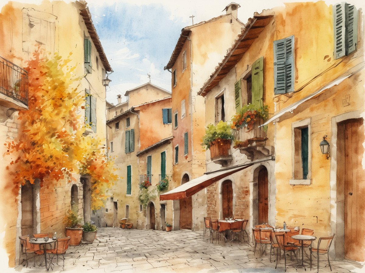 Eine malerische Gasse in einem italienischen Dorf mit herbstlichen Farben. Die warmen, erdigen Töne der alten Gebäude harmonieren mit den bunten Fensterläden. An den Wänden blühen Pflanzen und auf dem Platz stehen Tische und Stühle, die zum Verweilen einladen. Herbstliche Blätter schmücken die Szene und der Himmel ist teils bewölkt, was eine gemütliche Atmosphäre schafft. Ideal für einen entspannten Spaziergang während der Herbstferien in Italien.