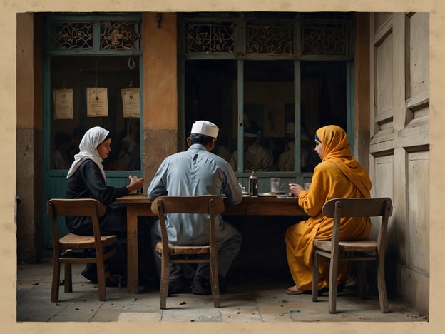 Auf dem Bild sind drei Personen zu sehen, die an einem Tisch sitzen und miteinander essen oder trinken. Die Atmosphäre wirkt freundlich und entspannt. Die Personen sind in traditioneller Kleidung gekleidet, was auf eine kulturelle oder religiöse Bedeutung hinweisen könnte.

**Tipps für das Verhalten vor Ort:**

1. **Respektiere die Kultur:** Achte darauf, die lokale Kultur und Bräuche zu respektieren, insbesondere in Bezug auf Essen und Kleidung.
   
2. **Rücksichtsvoll kommunizieren:** Sprich leise und respektvoll, um die Privatsphäre der Anwesenden zu wahren.

3. **Fotografieren mit Bedacht:** Frage vorher um Erlaubnis, wenn du Fotos machen möchtest, um die Personen nicht in eine unangenehme Lage zu bringen.

4. **Hygiene beachten:** Wasche dir die Hände vor dem Essen, um gute Hygienestandards zu wahren.

5. **Gerichte kennen:** Informiere dich über die Speisen und Getränke, um vor Ort besser kommunizieren zu können und eventuelle Allergien zu beachten. 

Diese Tipps tragen dazu bei, eine positive Interaktion in respektvollen sozialen Räumen zu fördern.