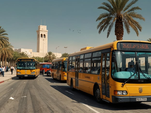 Auf dem Bild sind mehrere Busse zu sehen, die auf einer Straße in einer städtischen Umgebung parkieren. Die Busse sind vor allem gelb, was darauf hindeutet, dass sie Teil eines öffentlichen Verkehrssystems sind. Im Hintergrund erkennt man Palmen und ein hohes Gebäude mit einer Uhr, was auf ein warmes Klima schließen lässt. Es scheinen viele Menschen in der Nähe zu sein, was darauf hindeutet, dass dies ein geschäftiger Ort für den Transport vor Ort ist.