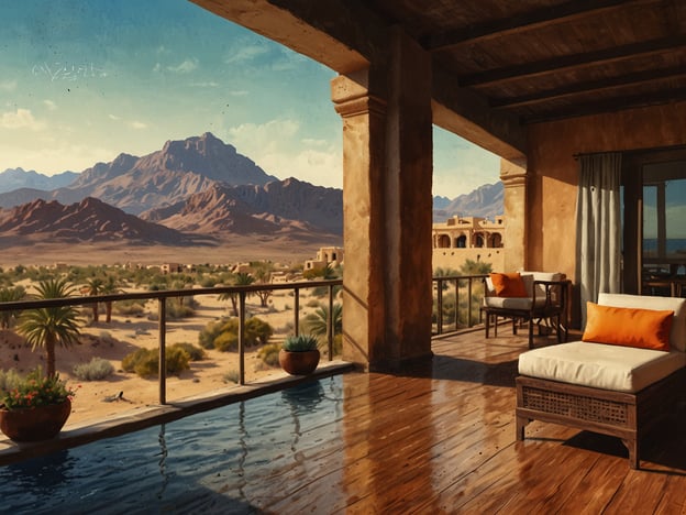 Auf dem Bild ist eine elegante Unterkunft zu sehen, die eine Terrasse mit Blick auf eine beeindruckende Berglandschaft bietet. Die Übernachtungsmöglichkeiten scheinen komfortabel und stilvoll gestaltet zu sein, mit gemütlichen Sitzgelegenheiten und einem Pool, der zum Entspannen einlädt. Die Umgebung wirkt ruhig und malerisch, ideal für einen erholsamen Aufenthalt.