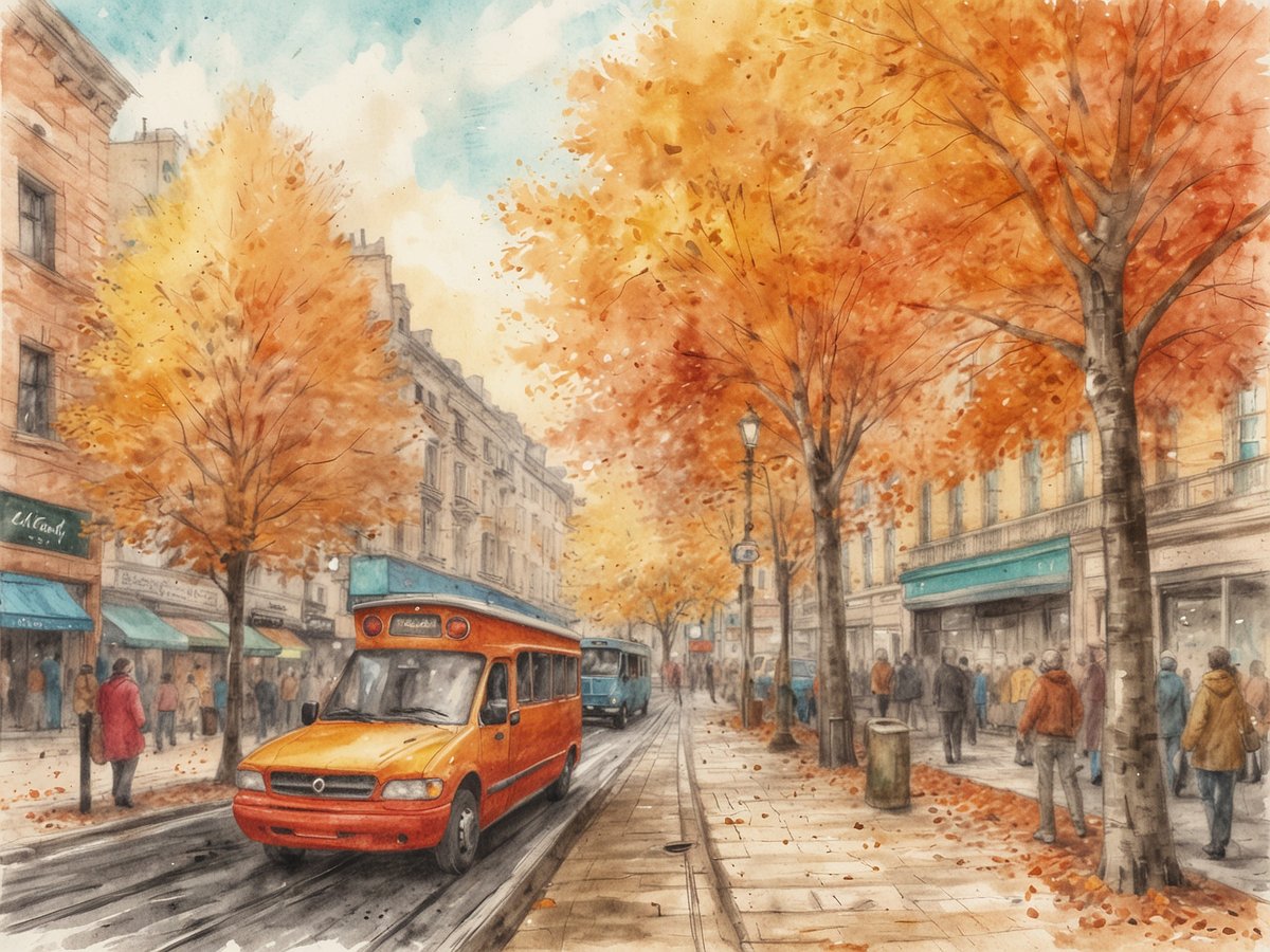 Eine malerische Straßenszene im Herbst zeigt bunte Laubbäume mit leuchtend orangen Blättern. Auf der Straße steht ein orangefarbener Bus, während Passanten gemütlich entlang der Geschäfte spazieren. Die Gehwege sind mit Falllaub bedeckt, und die Fassaden der Gebäude strahlen in warmen Tönen. Über dem Bild ist der Himmel leicht bewölkt, was die herbstliche Atmosphäre unterstreicht.