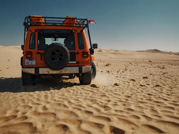 Auf dem Bild ist ein orangefarbener Geländewagen zu sehen, der durch eine Wüstenlandschaft fährt. Die Umgebung ist von sanften Sanddünen geprägt, was auf Abenteuer und Erkundungsaktivitäten hinweist. Solch eine Szene könnte auf aufregende Offroad-Touren, Wüstenabenteuer oder Campingausflüge hindeuten, bei denen Reisende die Natur erleben und den Nervenkitzel der Wüste genießen. Ideal für diejenigen, die Spaß am Fahren in unbefestigtem Gelände und an der Erkundung entlegener Orte haben!